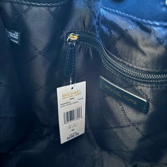 Michael Kors Mina Large Chain Shoulder Pebbled Leather Bag Black/Gold - Picture 12 of 15